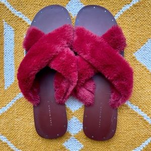 Crimson Faux Fur Slide Sandals